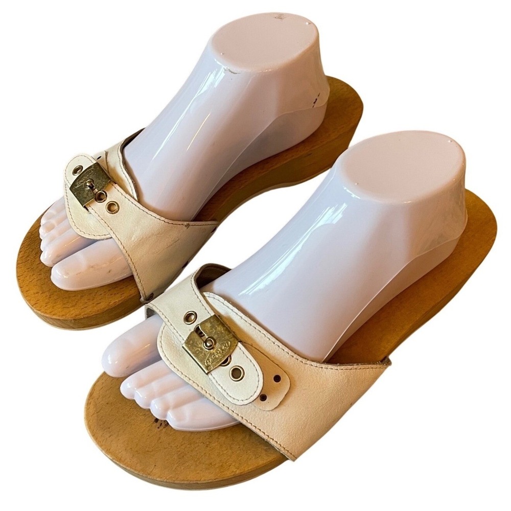 Original Dr Scholls Wood Sandals 10.5 Shoe Women  White Leather Italy Clog Wedge